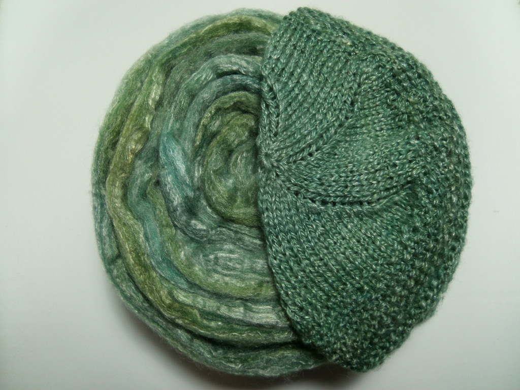 Bam Huey Hat with random spun Chloroplast Blast in Sport and DK weight yarn.